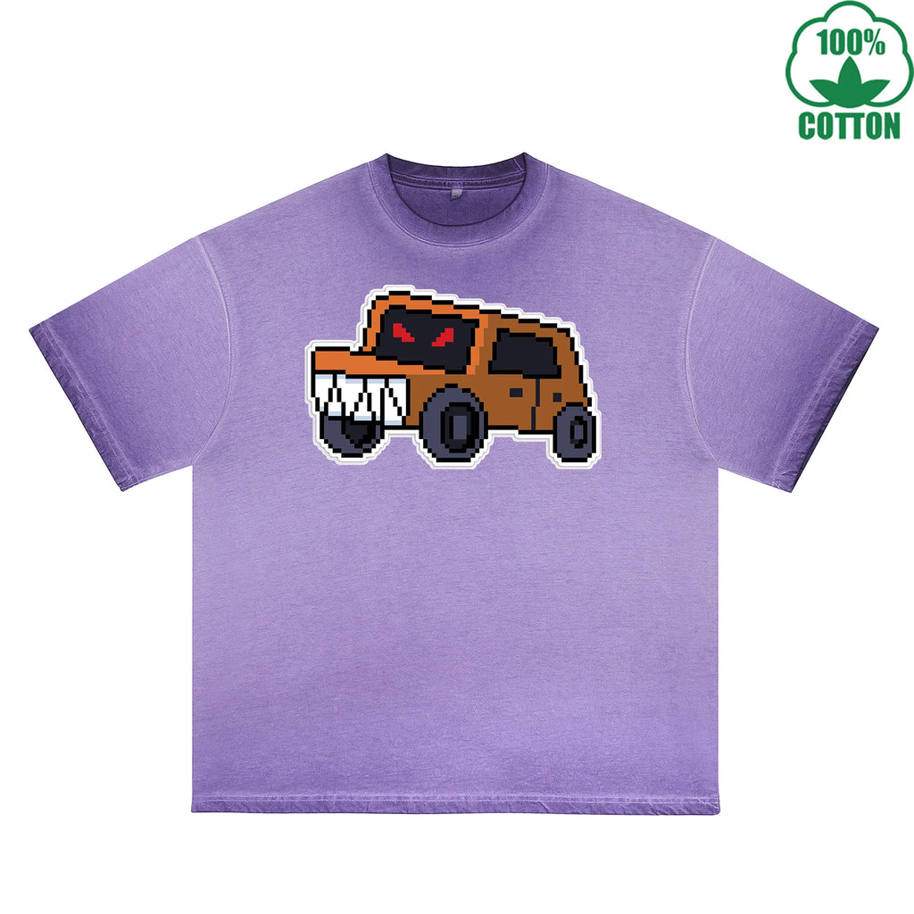 Angry Truck Printed Dirty WashT-Shirt 230G Multicolor Loose Trendy Fashionable 100%Cotton Short Sleeve Top