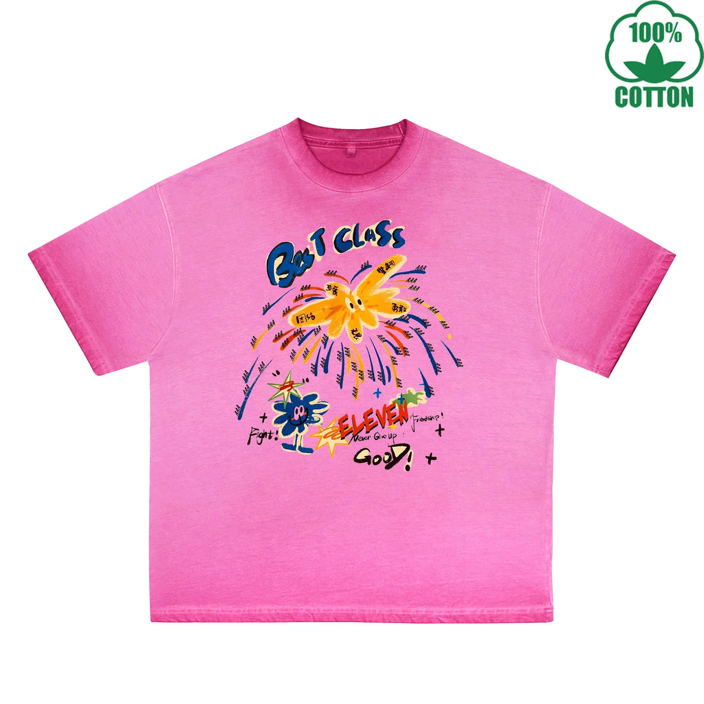 Bes T CLASS Printed Dirty WashT-Shirt 230G Multicolor Loose Trendy Short Sleeves Fashionable 100%Cotton Top