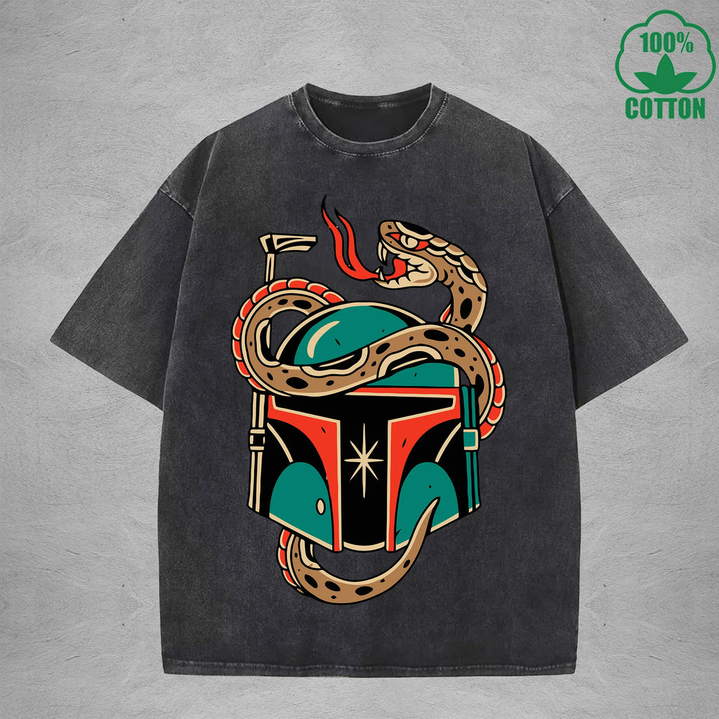 Deadly SnakeInterest Printed Washed T-Shirt 230G Multicolor Loose Trendy Fashionable 100%Cotton Short Sleeve Top