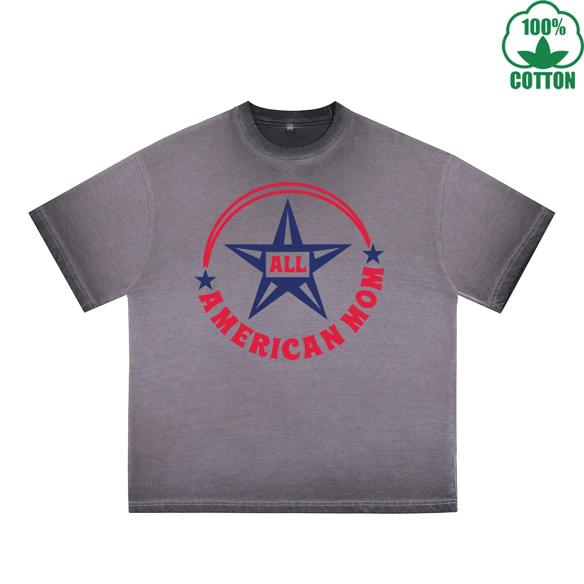 All American Mom Printed Dirty Wash T-Shirt 230G Multicolor Loose Trendy Fashionable 100%Cotton Short Sleeve Top