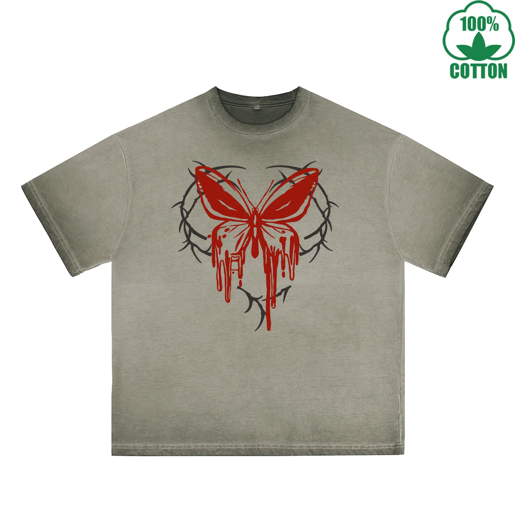 Blood Butterfly Printed Dirty WashT-Shirt 230G Multicolor Loose Trendy Fashionable 100%Cotton Short Sleeve Top