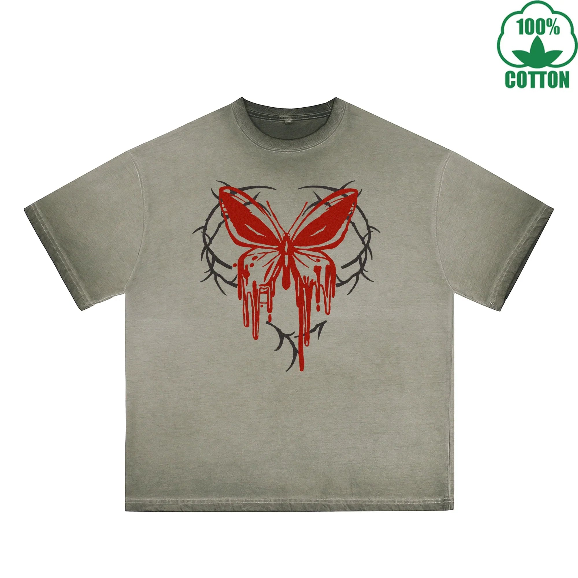 Blood Butterfly Printed Dirty WashT-Shirt 230G Multicolor Loose Trendy Fashionable 100%Cotton Short Sleeve Top