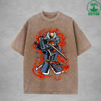 Ghost Samurai Interest Printed Washed T-Shirt 230G Multicolor Loose Trendy Fashionable Cotton Short Sleeve Top