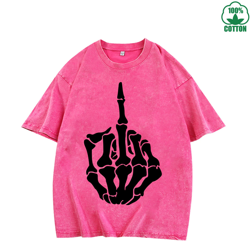 Respect Skeleton Finger Printed Washed T-Shirt 230G Multicolor Loose Trendy Fashionable Cotton Short Sleeve Top