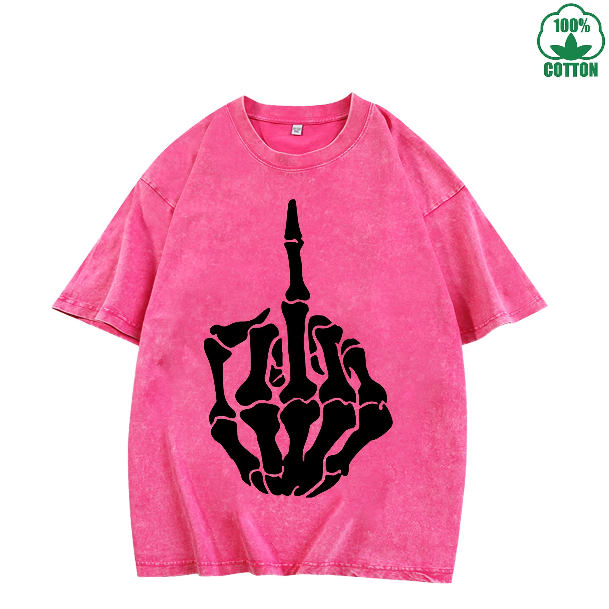 Respect Skeleton Finger Printed Washed T-Shirt 230G Multicolor Loose Trendy Fashionable Cotton Short Sleeve Top