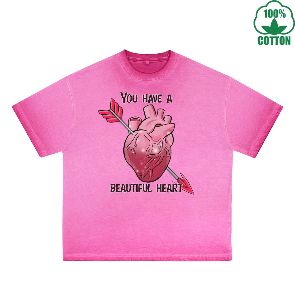 You Have a Beautiful Printed Dirty Wash T-Shirt 230G Multicolor Loose Trendy Fashionable 100%Cotton Short Sleeve Top
