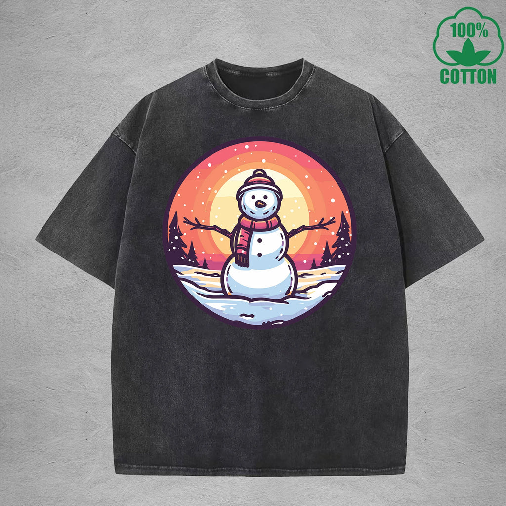 Christmas Snowman Interest Printed Washed T-Shirt 230G Multicolor Loose Trendy Fashionable Cotton Short Sleeve Top