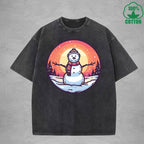 Christmas Snowman Interest Printed Washed T-Shirt 230G Multicolor Loose Trendy Fashionable Cotton Short Sleeve Top
