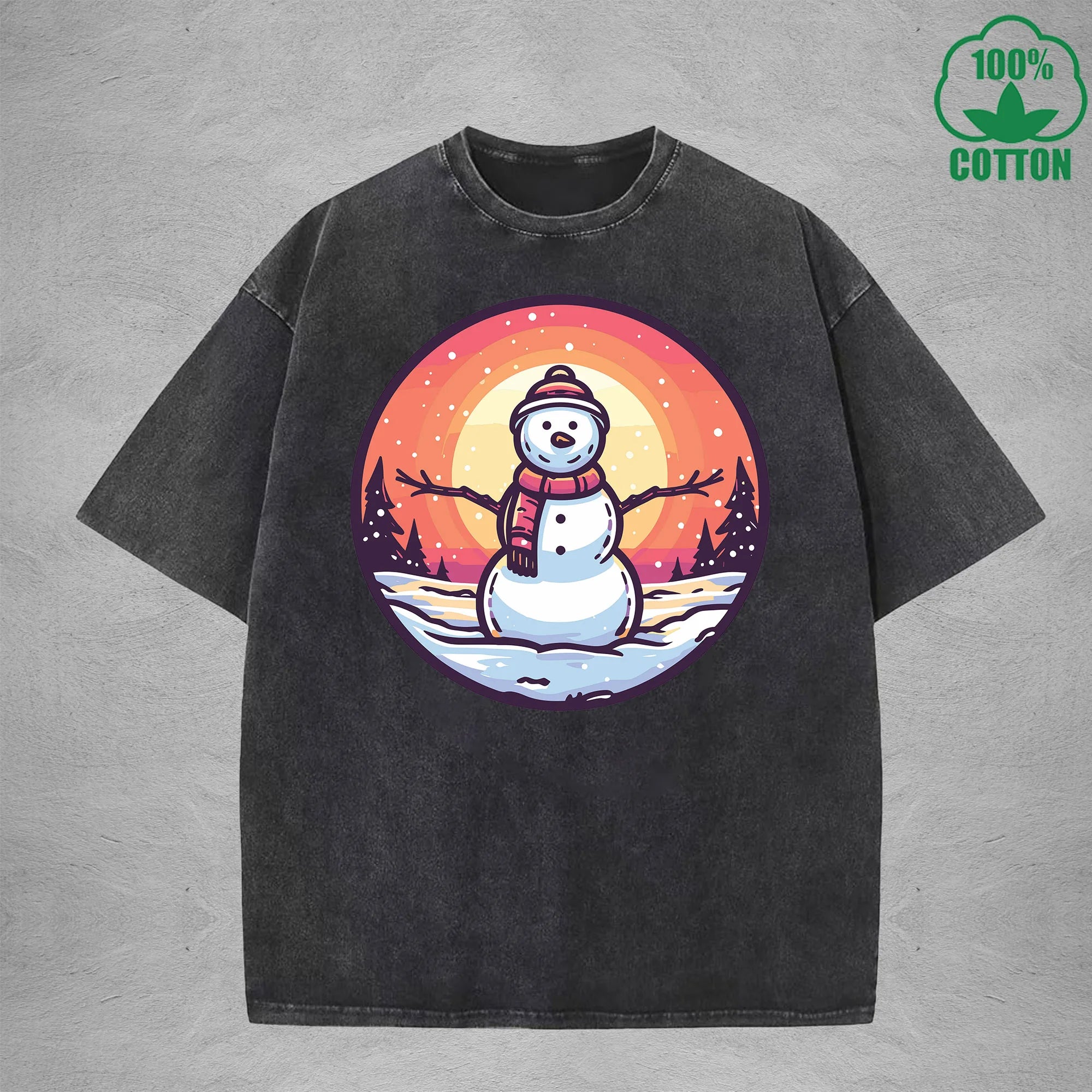 Christmas Snowman Interest Printed Washed T-Shirt 230G Multicolor Loose Trendy Fashionable Cotton Short Sleeve Top