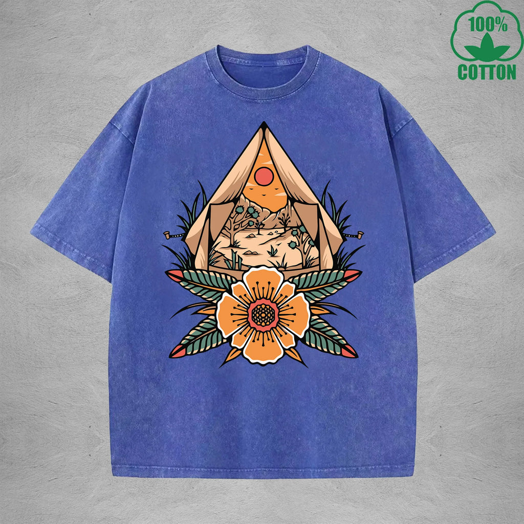 Desert CampInterest Printed Washed T-Shirt 230G Multicolor Loose Trendy Fashionable 100%Cotton Short Sleeve Top