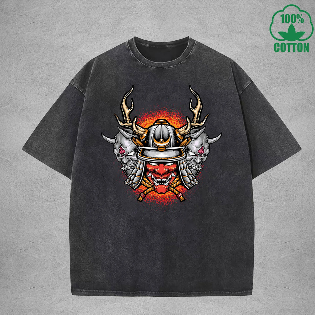 Hell Warrior Interest Printed Washed T-Shirt 230G Multicolor Loose Trendy Fashionable 100%Cotton Short Sleeve Top