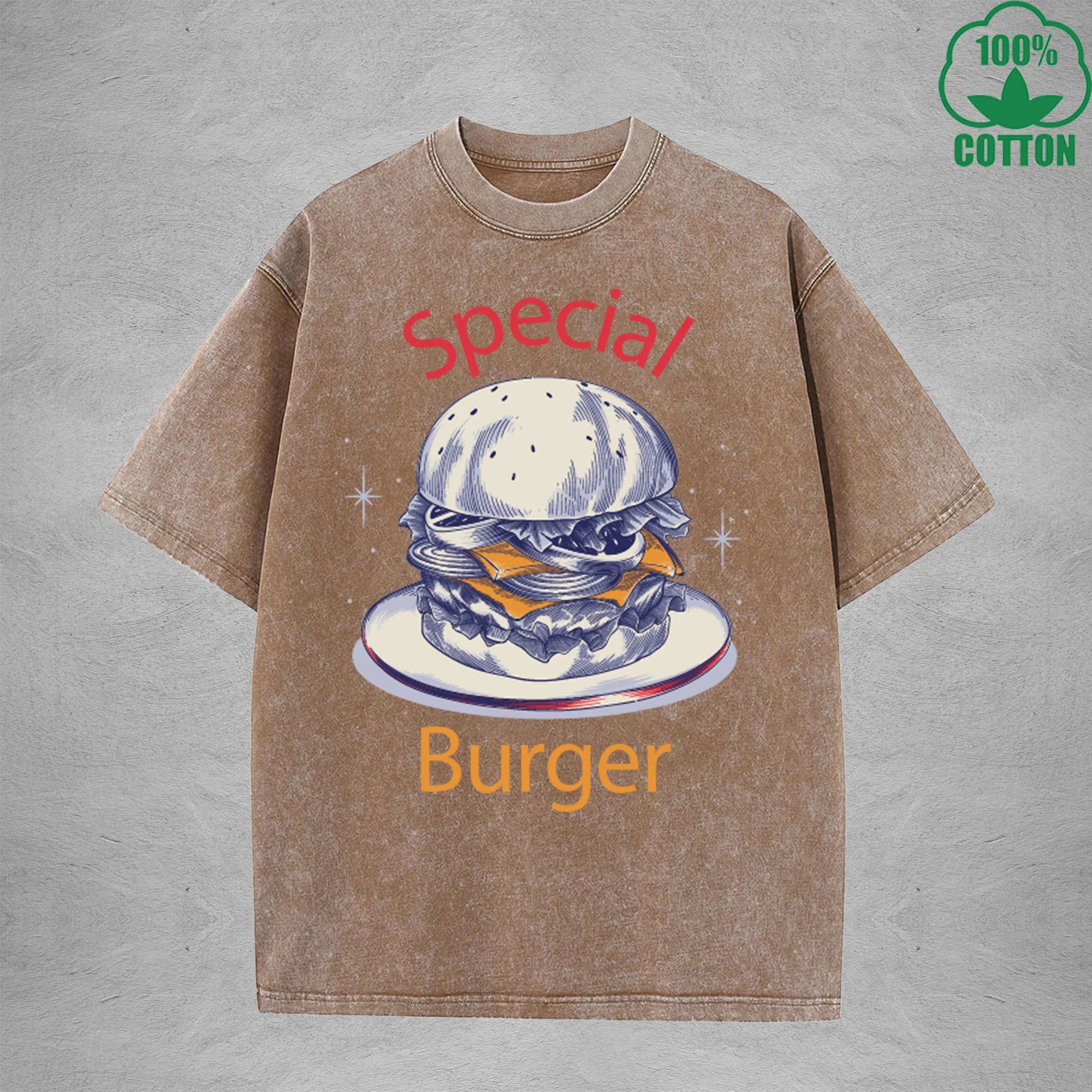 Special Burger American Retro 230G Washed T-Shirt Available in Multiple Colors Fashionable Pure Cotton Short Sleeve