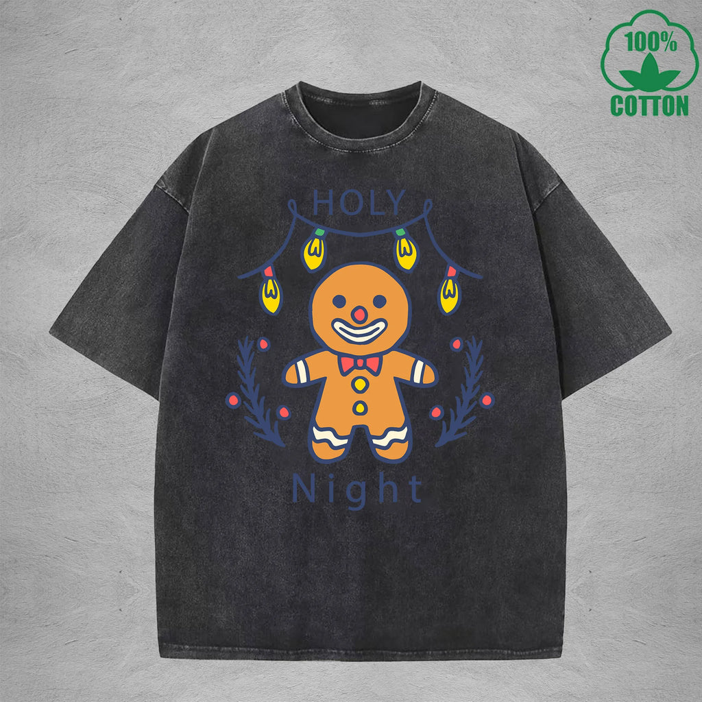 Cute Gingerbread Interest Printed Washed T-Shirt 230G Multicolor Loose Trendy Fashionable 100%Cotton Short Sleeve Top