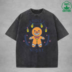Cute Gingerbread Interest Printed Washed T-Shirt 230G Multicolor Loose Trendy Fashionable 100%Cotton Short Sleeve Top
