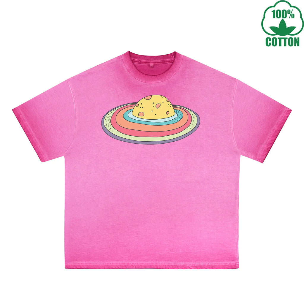 Microcosm Printed Dirty WashT-Shirt 230G Multicolor Loose Trendy Fashionable 100%Cotton Short Sleeve Top