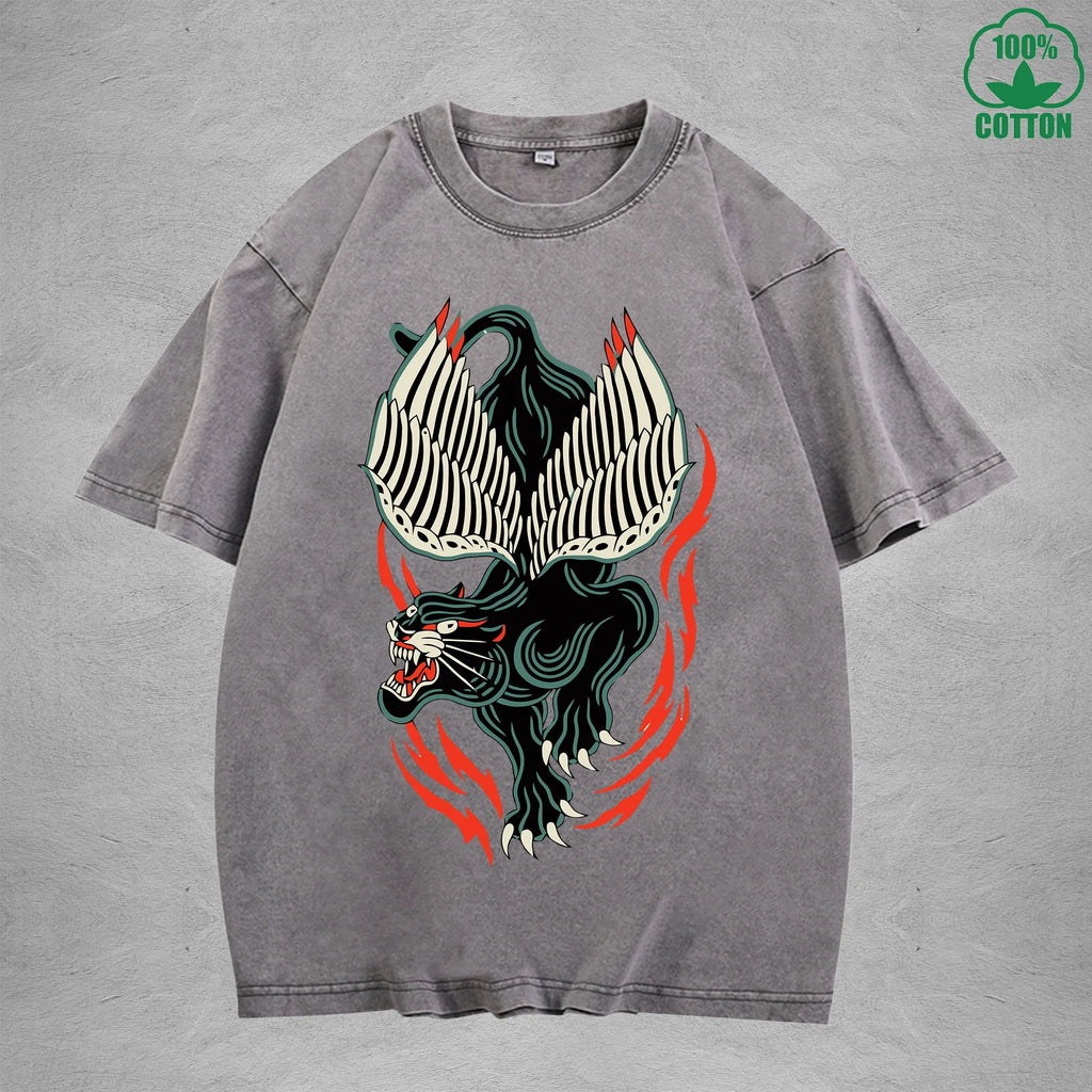 Flying Black TigerInterest Printed Washed T-Shirt 230G Multicolor Loose Trendy Fashionable 100%Cotton Short Sleeve Top