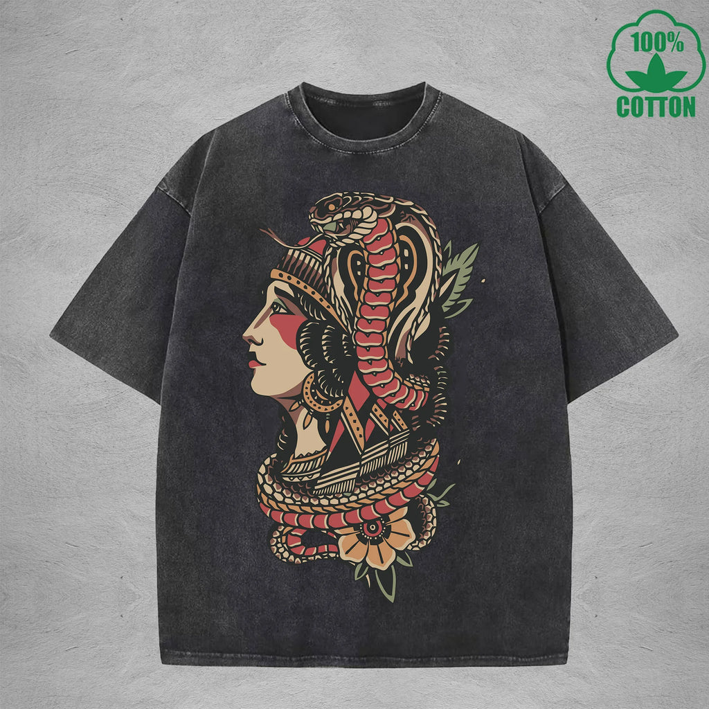 Venomous Snake ChiefInterest Printed Washed T-Shirt 230G Multicolor Loose Trendy Fashionable 100%Cotton Short Sleeve Top