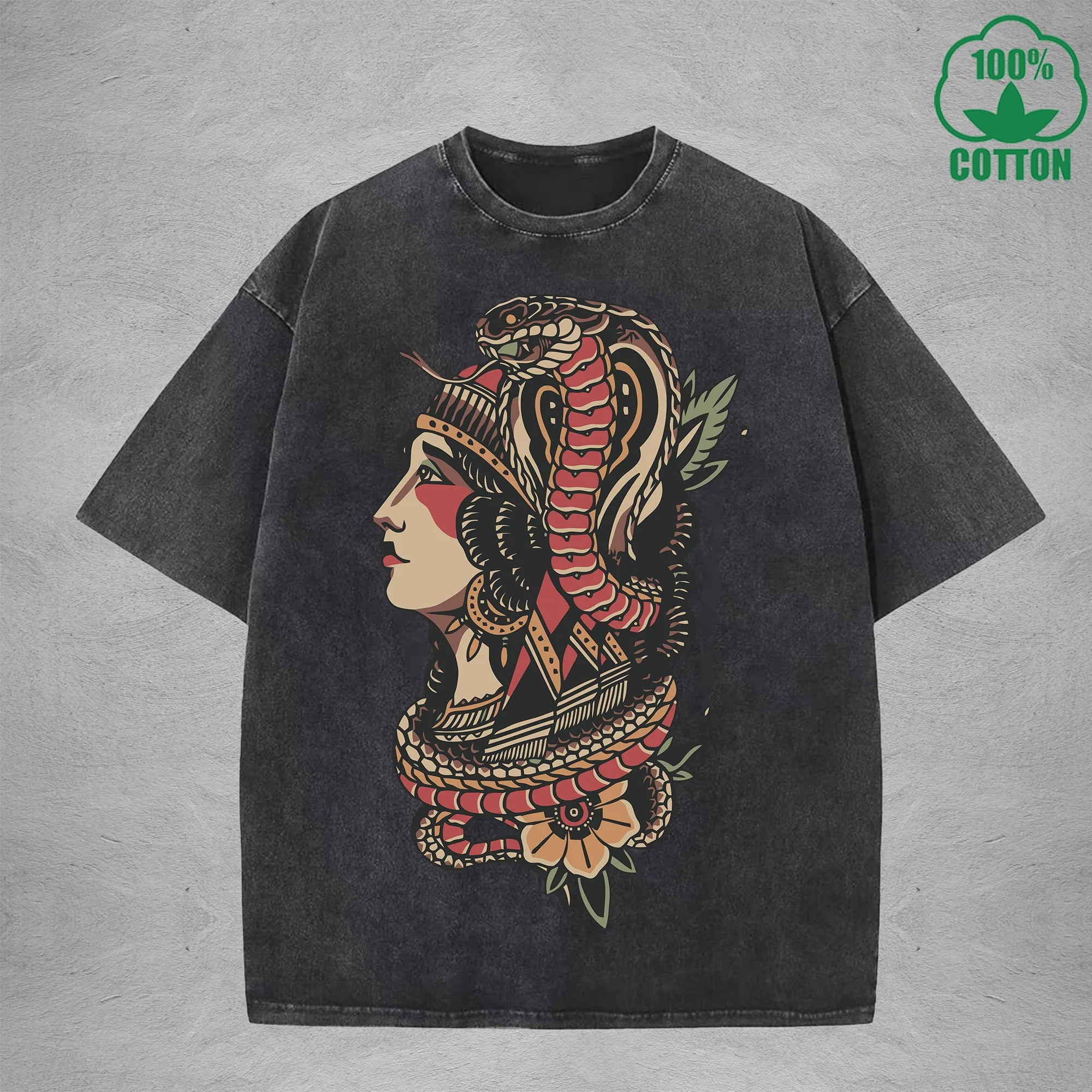Venomous Snake ChiefInterest Printed Washed T-Shirt 230G Multicolor Loose Trendy Fashionable 100%Cotton Short Sleeve Top