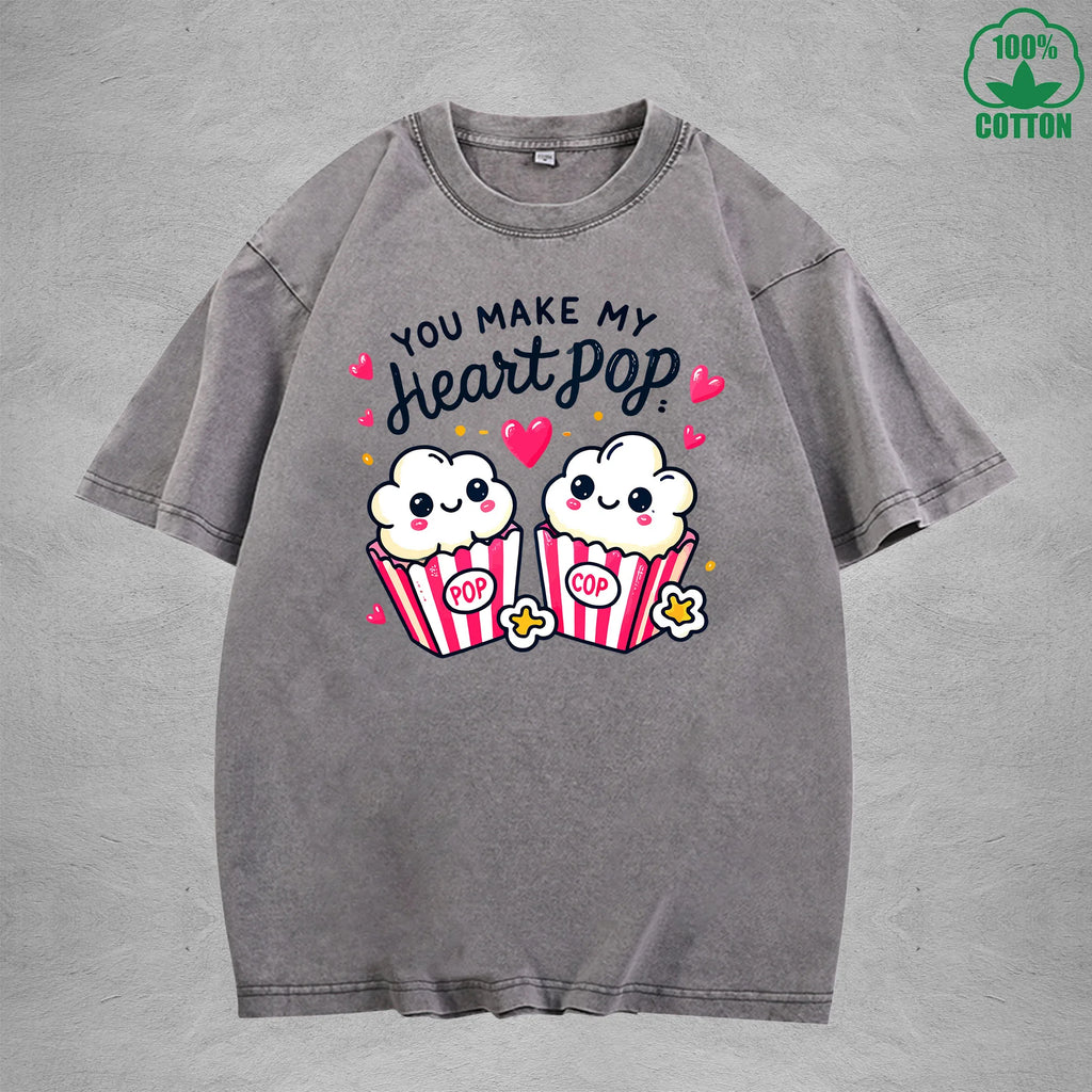 You Make My Heait PopInterest Printed Washed T-Shirt 230G Loose Trendy Fashionable 100%Cotton Short Sleeve Top
