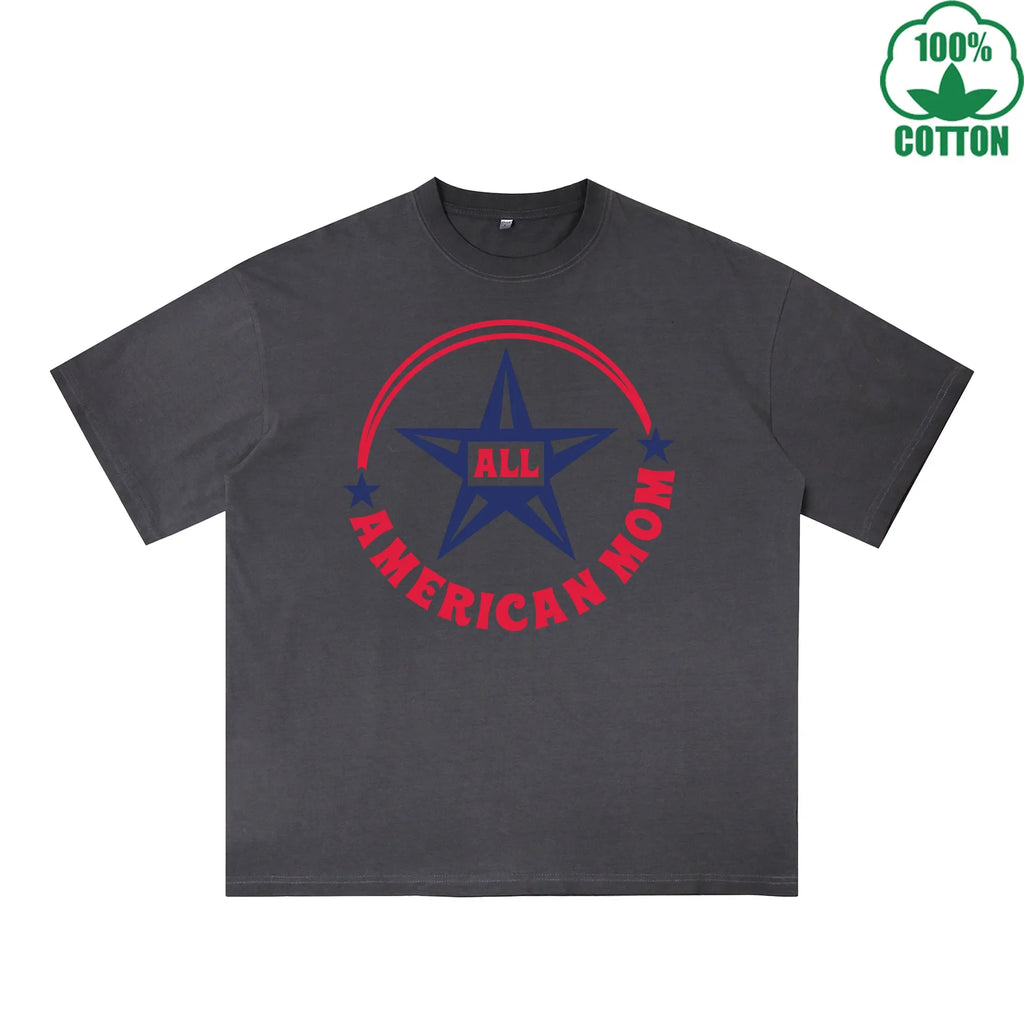 All American Mom Printed Dirty Wash T-Shirt 230G Multicolor Loose Trendy Fashionable 100%Cotton Short Sleeve Top