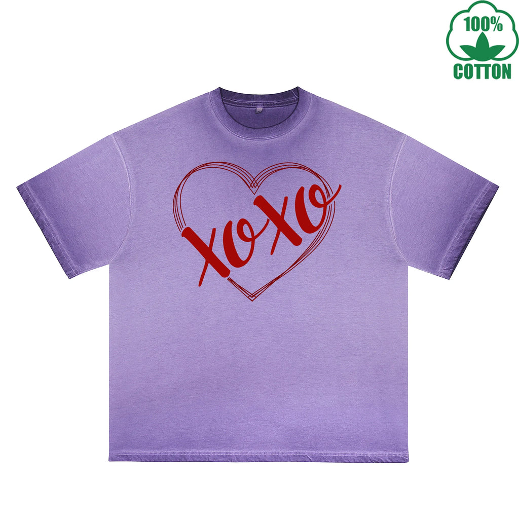 Xoxo Printed Dirty Wash T-Shirt 230G Multicolor Loose Trendy Fashionable 100%Cotton Short Sleeve Top