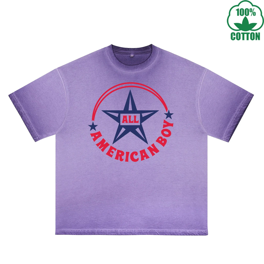 All American Boy Printed Dirty Wash T-Shirt 230G Multicolor Loose Trendy Fashionable 100%Cotton Short Sleeve Top