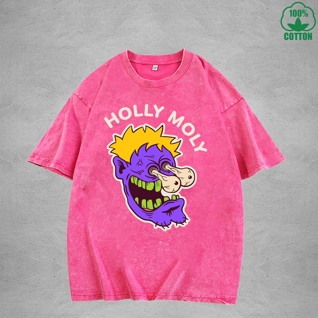Holly MolyInterest Printed Washed T-Shirt 230G Loose Trendy Fashionable 100%Cotton Short Sleeve Top