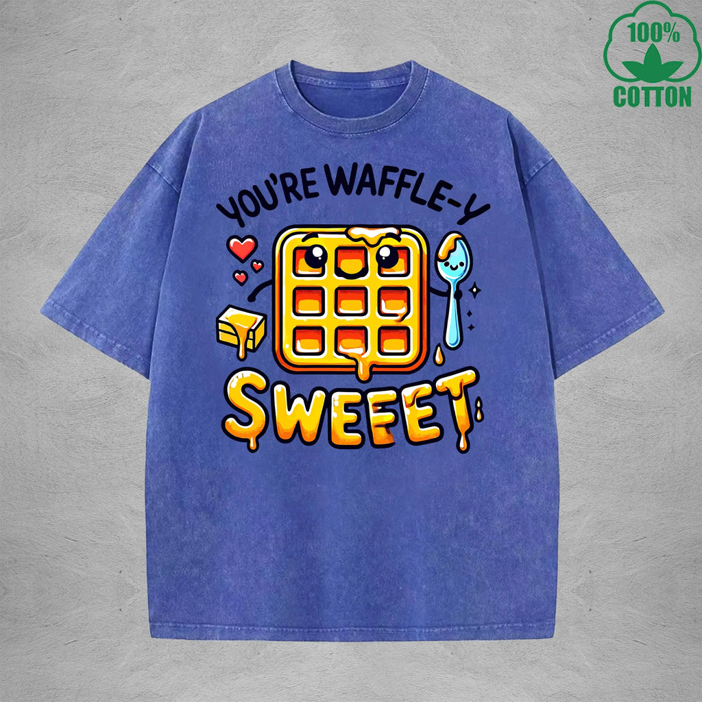 Waffle-Y SweetInterest Printed Washed T-Shirt 230G Loose Trendy Fashionable 100%Cotton Short Sleeve Top