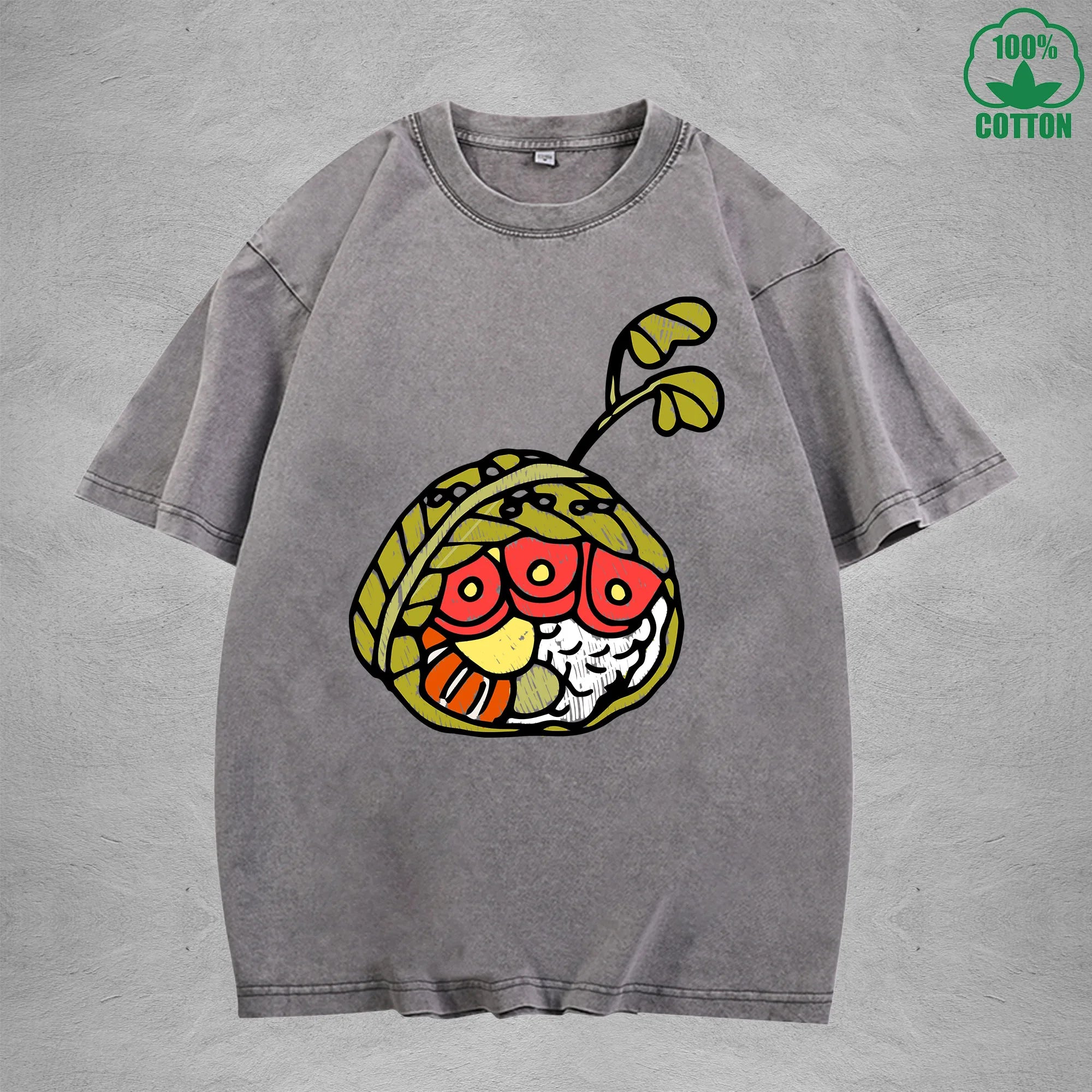 Cute Rice BallInterest Printed Washed T-Shirt 230G Multicolor Loose Trendy Fashionable 100%Cotton Short Sleeve Top