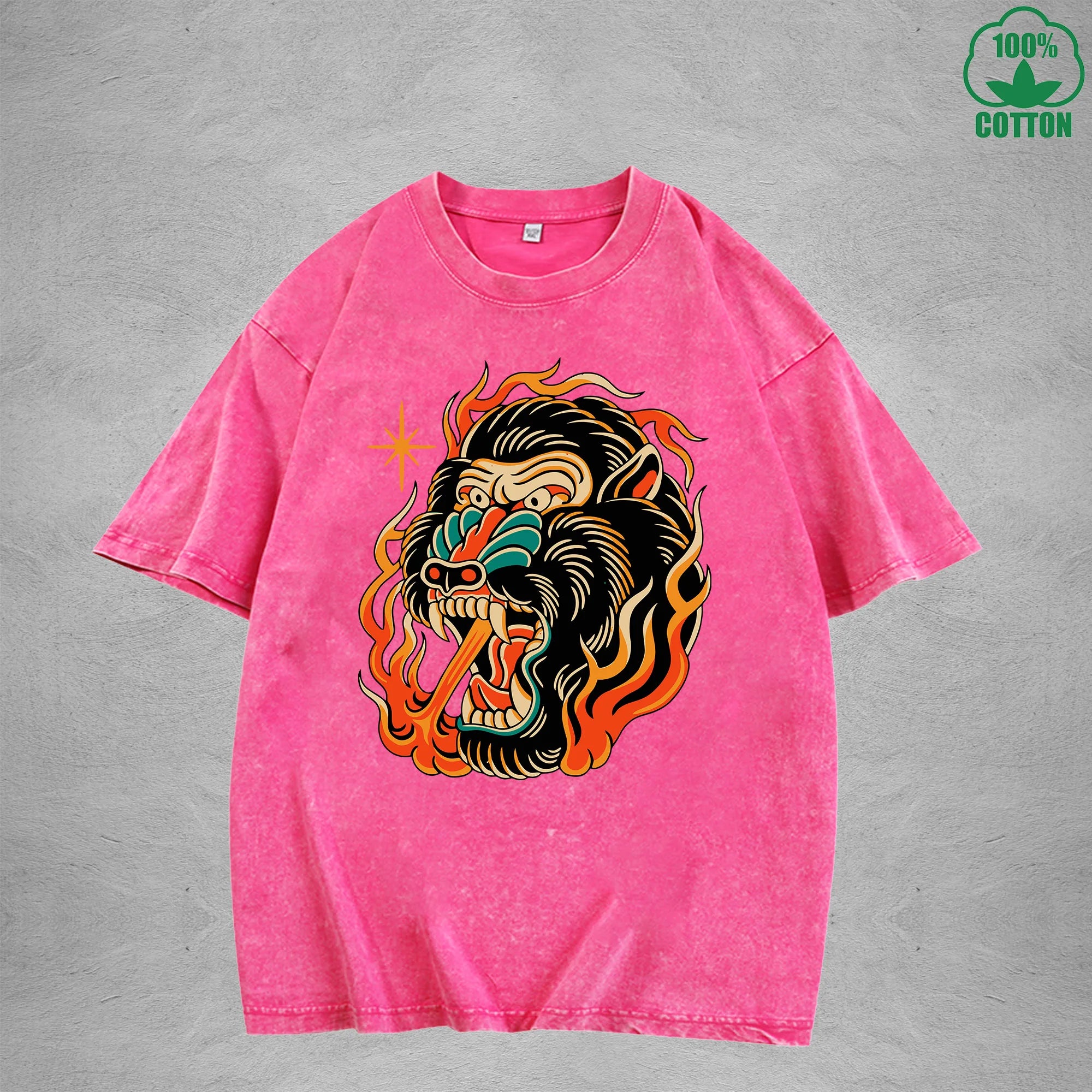 Flame Throwing GorillaInterest Printed Washed T-Shirt 230G Multicolor Loose Trendy Fashionable 100%Cotton Short Sleeve Top