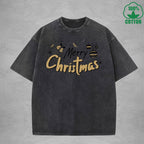 Merry Christmas Interest Printed Washed T-Shirt 230G Multicolor Loose Trendy Fashionable 100%Cotton Short Sleeve Top