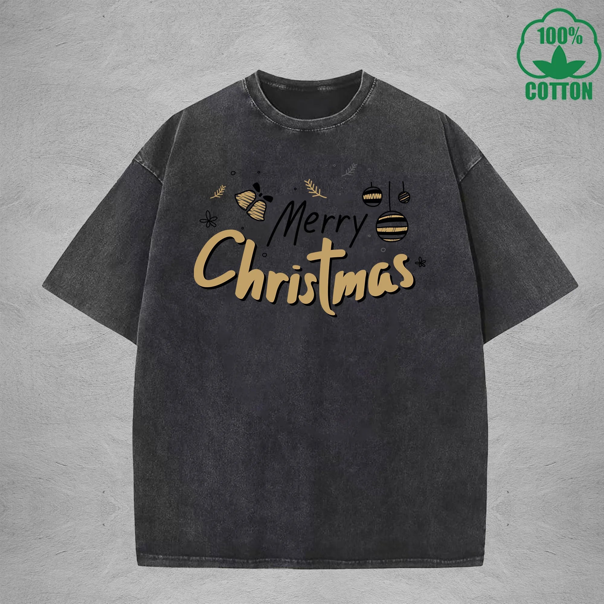 Merry Christmas Interest Printed Washed T-Shirt 230G Multicolor Loose Trendy Fashionable 100%Cotton Short Sleeve Top