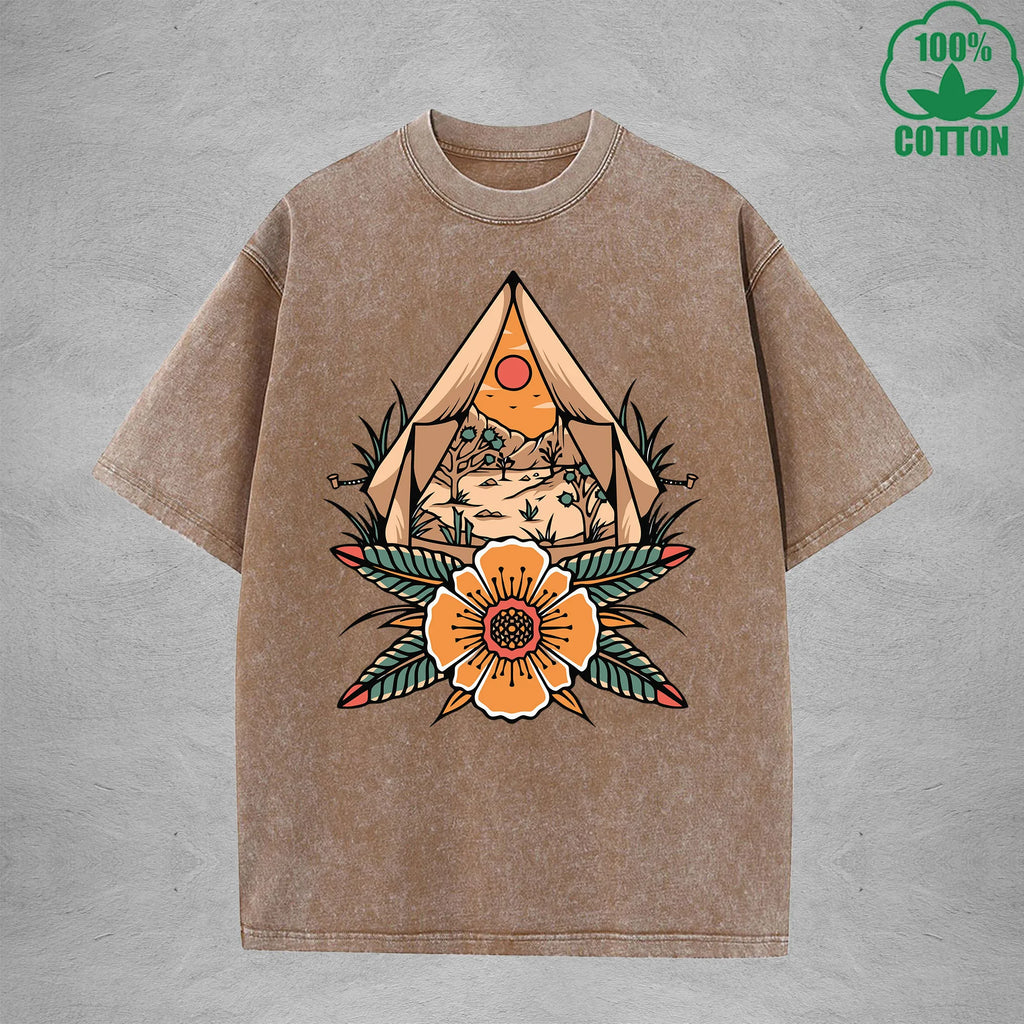 Desert CampInterest Printed Washed T-Shirt 230G Multicolor Loose Trendy Fashionable 100%Cotton Short Sleeve Top