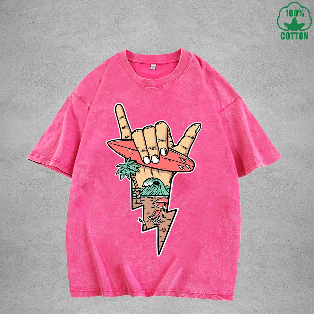 Lightning Surfing Interest Printed Washed T-Shirt 230G Multicolor Loose Trendy Fashionable 100%Cotton Short Sleeve Top