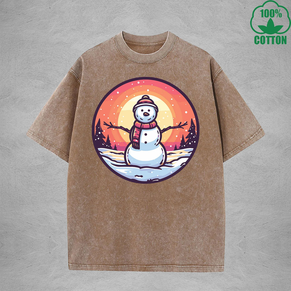 Christmas Snowman Interest Printed Washed T-Shirt 230G Multicolor Loose Trendy Fashionable Cotton Short Sleeve Top