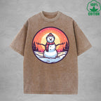 Christmas Snowman Interest Printed Washed T-Shirt 230G Multicolor Loose Trendy Fashionable Cotton Short Sleeve Top
