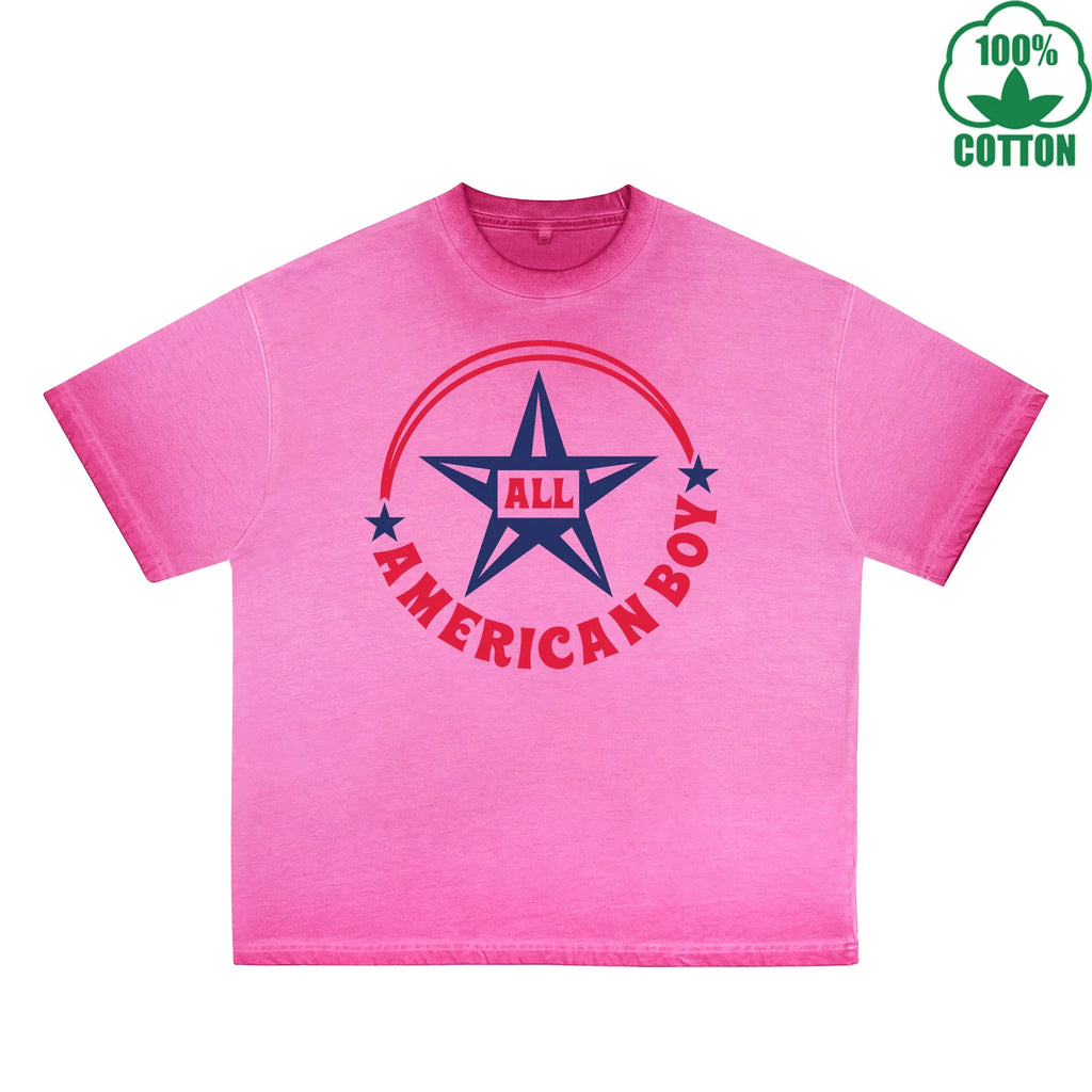All American Boy Printed Dirty Wash T-Shirt 230G Multicolor Loose Trendy Fashionable 100%Cotton Short Sleeve Top