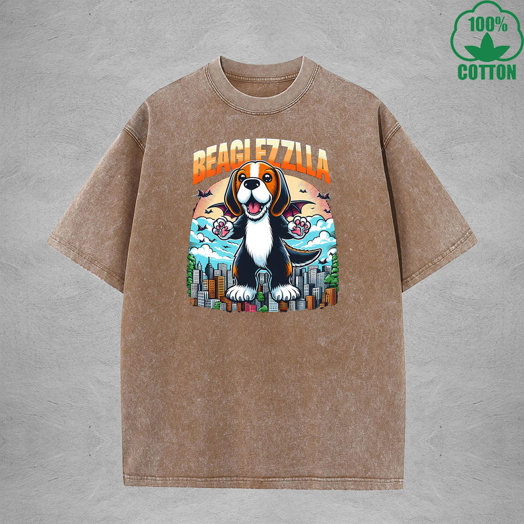 BeaglfizzllaInterest Printed Washed T-Shirt 230G Loose Trendy Fashionable 100%Cotton Short Sleeve Top