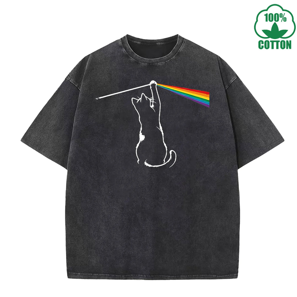 Cat Chasing a Rainbow Printed Washed T-Shirt 230G Loose Trendy Fashionable Cotton Short Sleeve Top Clearance Sale