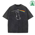 Cat Chasing a Rainbow Printed Washed T-Shirt 230G Loose Trendy Fashionable Cotton Short Sleeve Top Clearance Sale