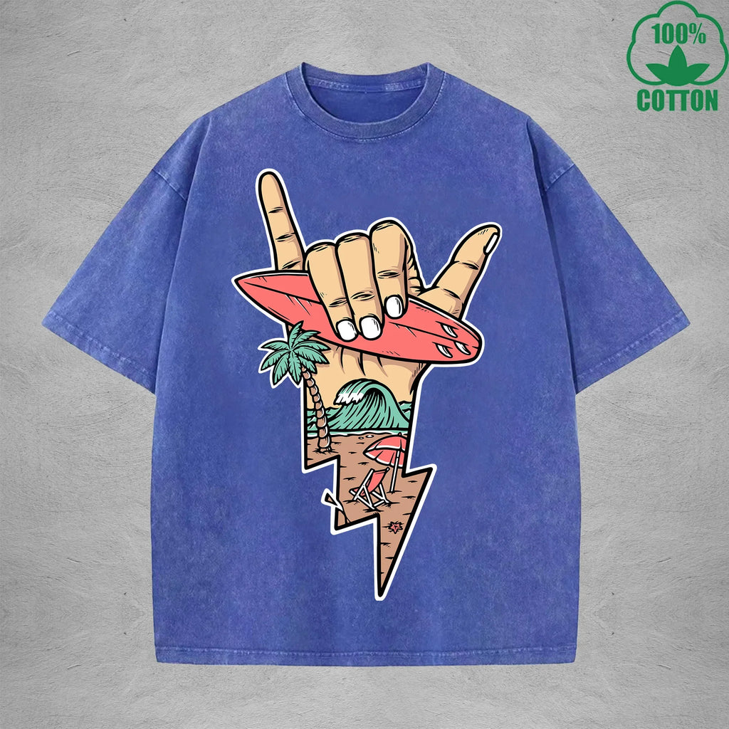 Lightning Surfing Interest Printed Washed T-Shirt 230G Multicolor Loose Trendy Fashionable 100%Cotton Short Sleeve Top