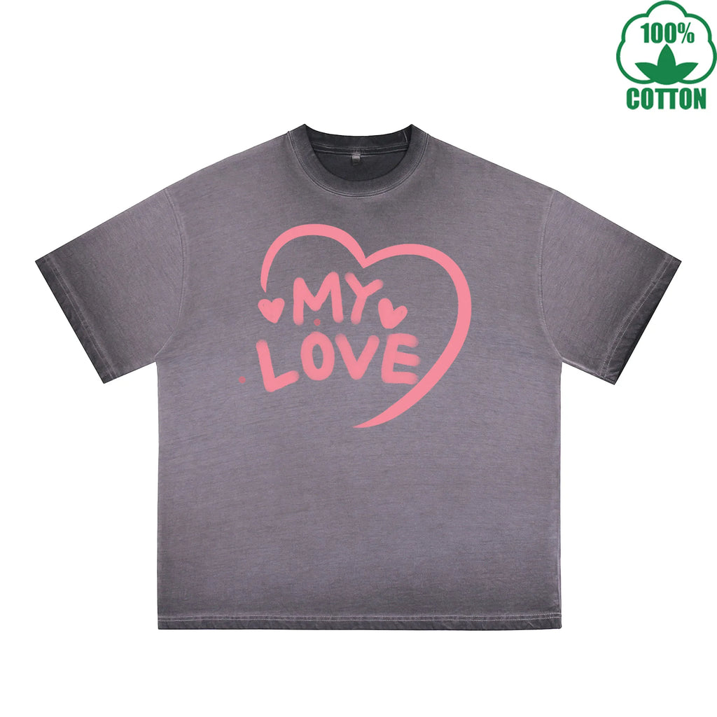 MY Love Printed Dirty WashT-Shirt 230G Multicolor Loose Trendy Short Sleeves Fashionable 100%Cotton Top