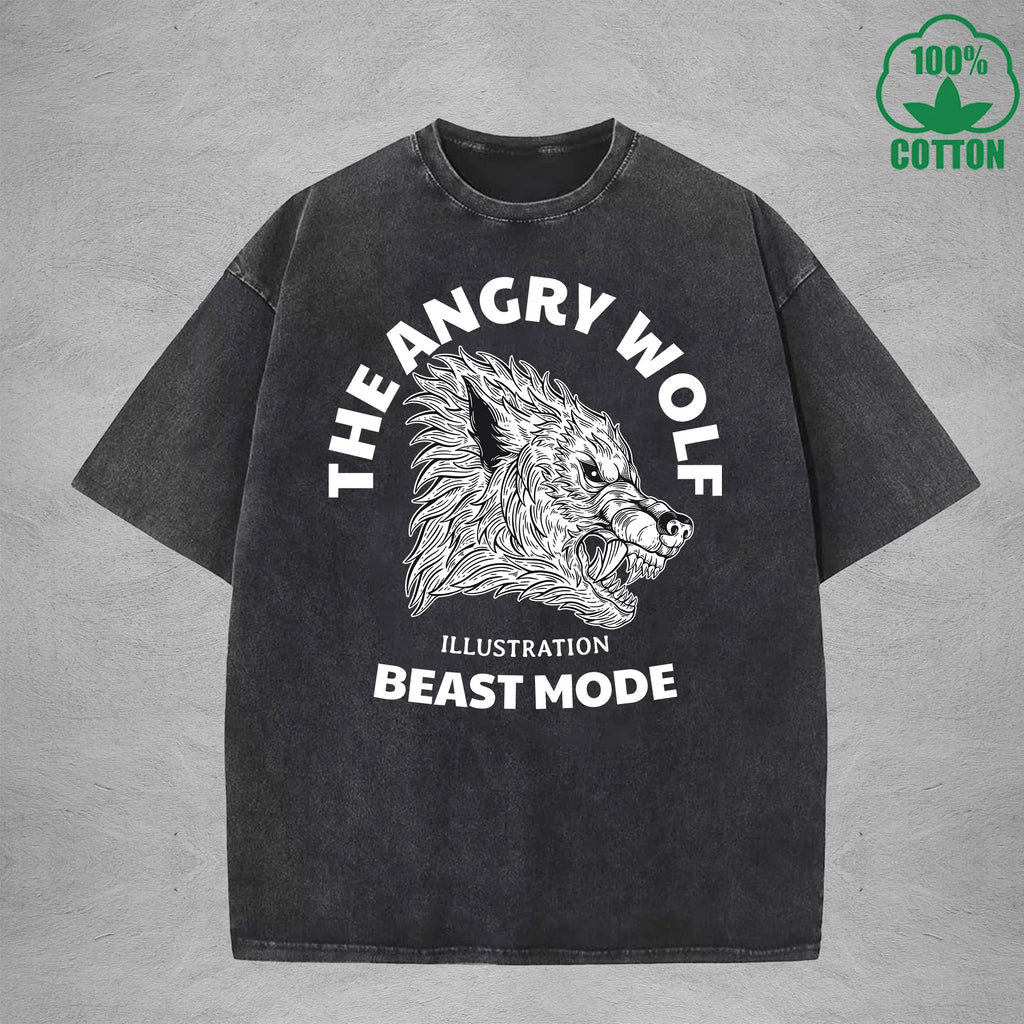 The Angry WolfInterest Printed Washed T-Shirt 230G Multicolor Loose Trendy Fashionable 100%Cotton Short Sleeve Top