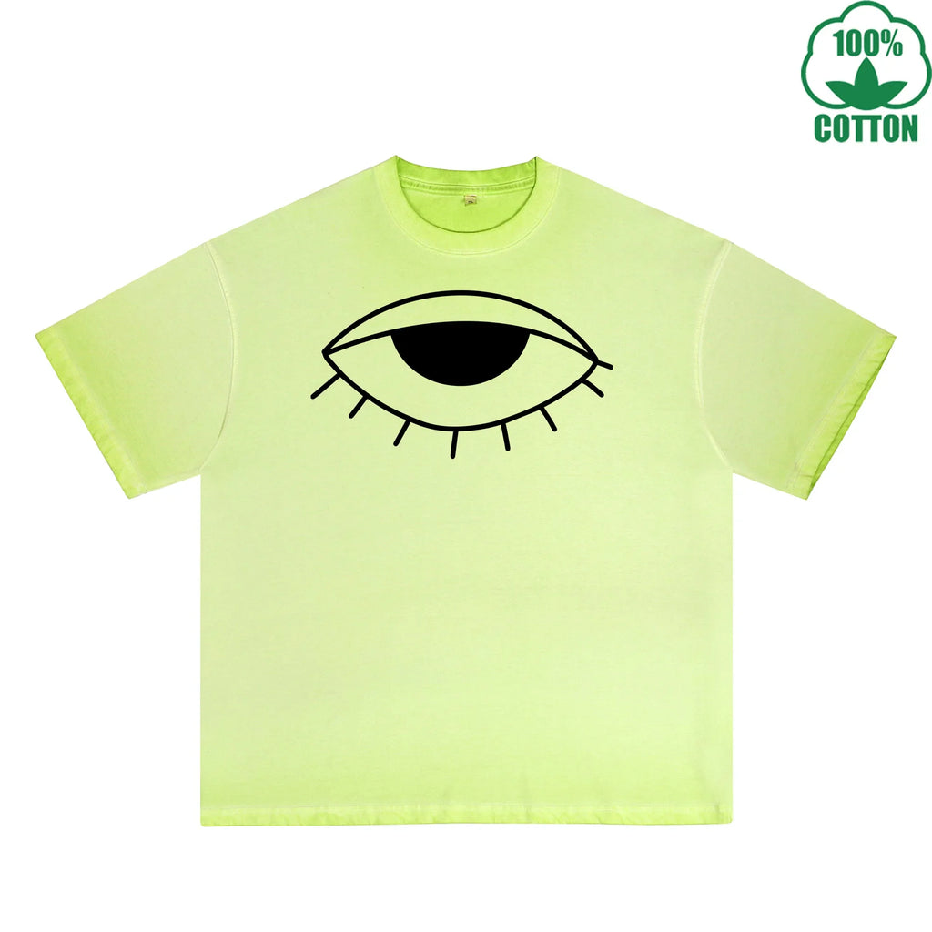 The Mysterious Eye Printed Dirty WashT-Shirt 230G Multicolor Loose Trendy Fashionable 100%Cotton Short Sleeve Top
