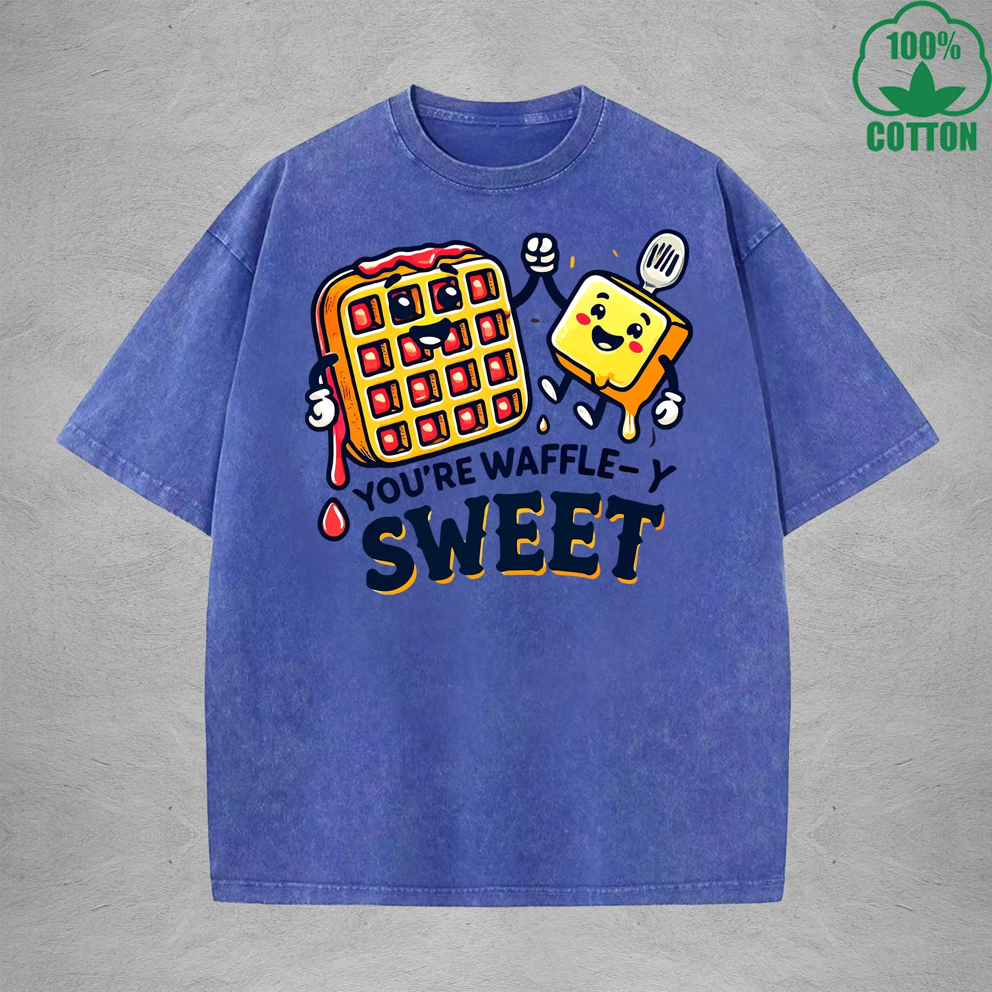 Waffle-Y SweetInterest Printed Washed T-Shirt 230G Loose Trendy Fashionable 100%Cotton Short Sleeve Top