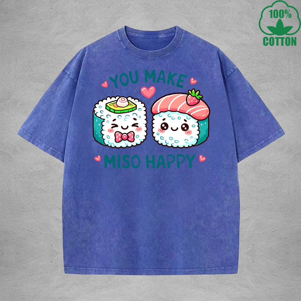 You Make Miso HappyInterest Printed Washed T-Shirt 230G Loose Trendy Fashionable 100%Cotton Short Sleeve Top