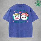 You Make Miso HappyInterest Printed Washed T-Shirt 230G Loose Trendy Fashionable 100%Cotton Short Sleeve Top