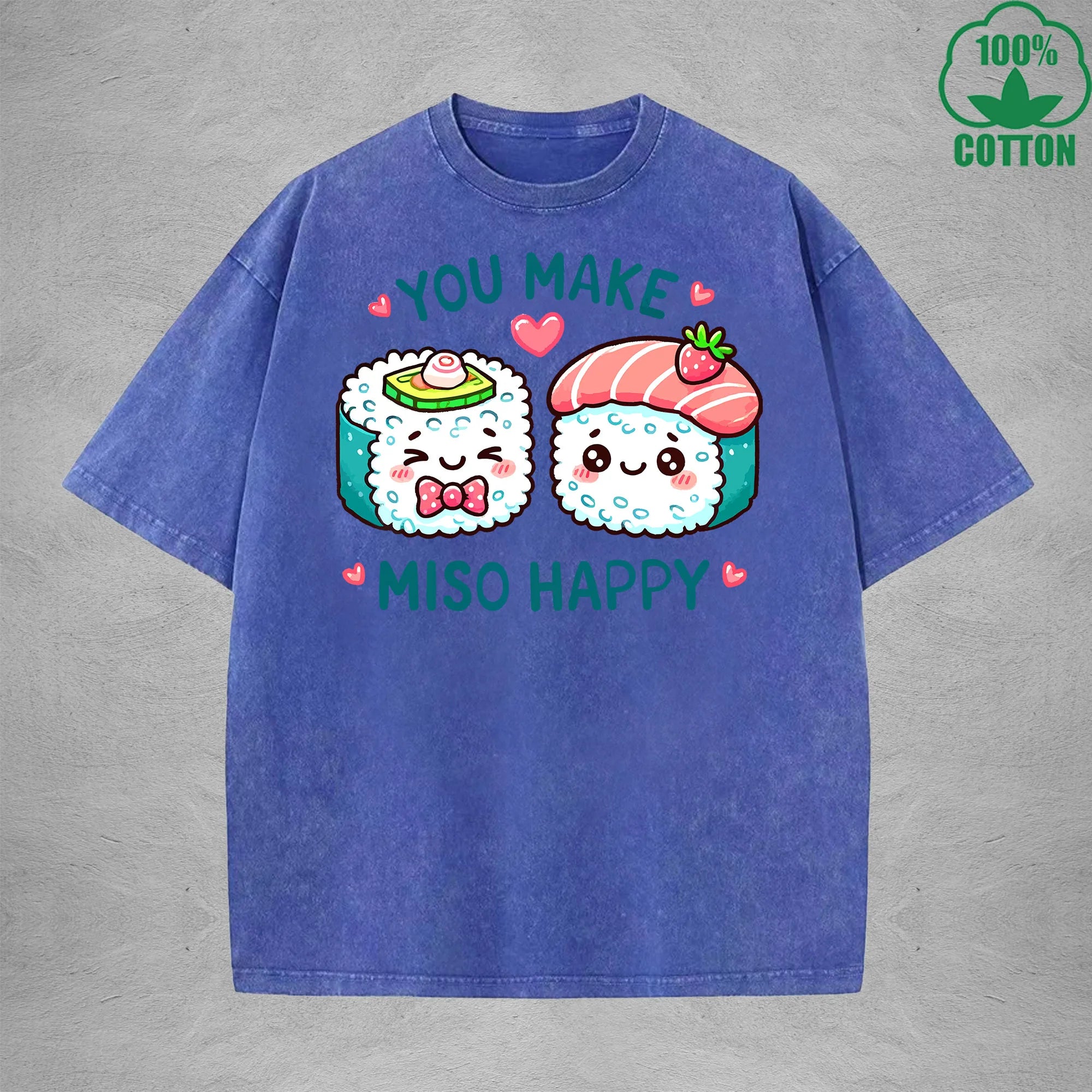 You Make Miso HappyInterest Printed Washed T-Shirt 230G Loose Trendy Fashionable 100%Cotton Short Sleeve Top