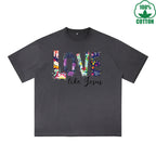 Love Printed Dirty WashT-Shirt 230G Multicolor Loose Trendy Fashionable 100%Cotton Short Sleeve Top