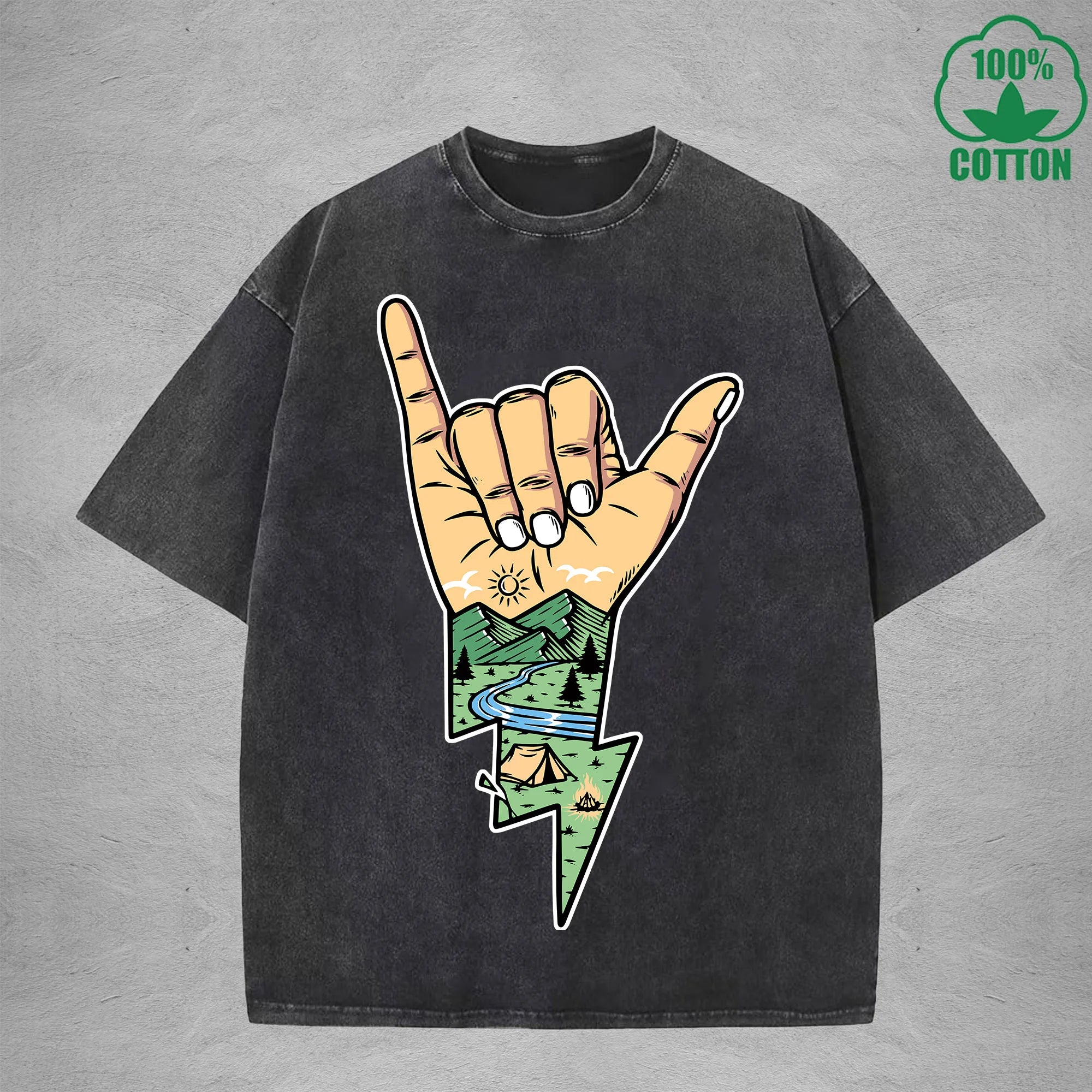 Lightning Camping Interest Printed Washed T-Shirt 230G Multicolor Loose Trendy Fashionable 100%Cotton Short Sleeve Top